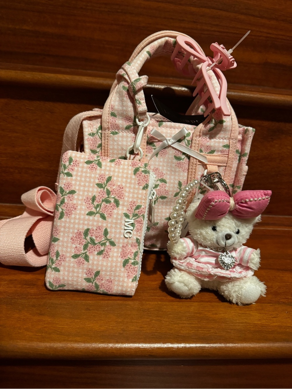 🚨 TIC TOC VIRAL!! Madden Girl Pink Floral Mini Tote Bag with Bear Charm